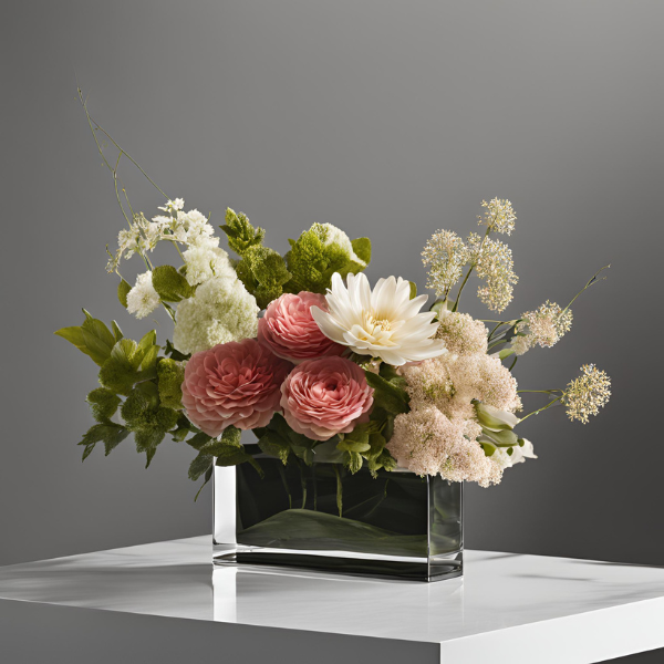 FRESH FLOWERS + RECTANGLE GLASS VASE